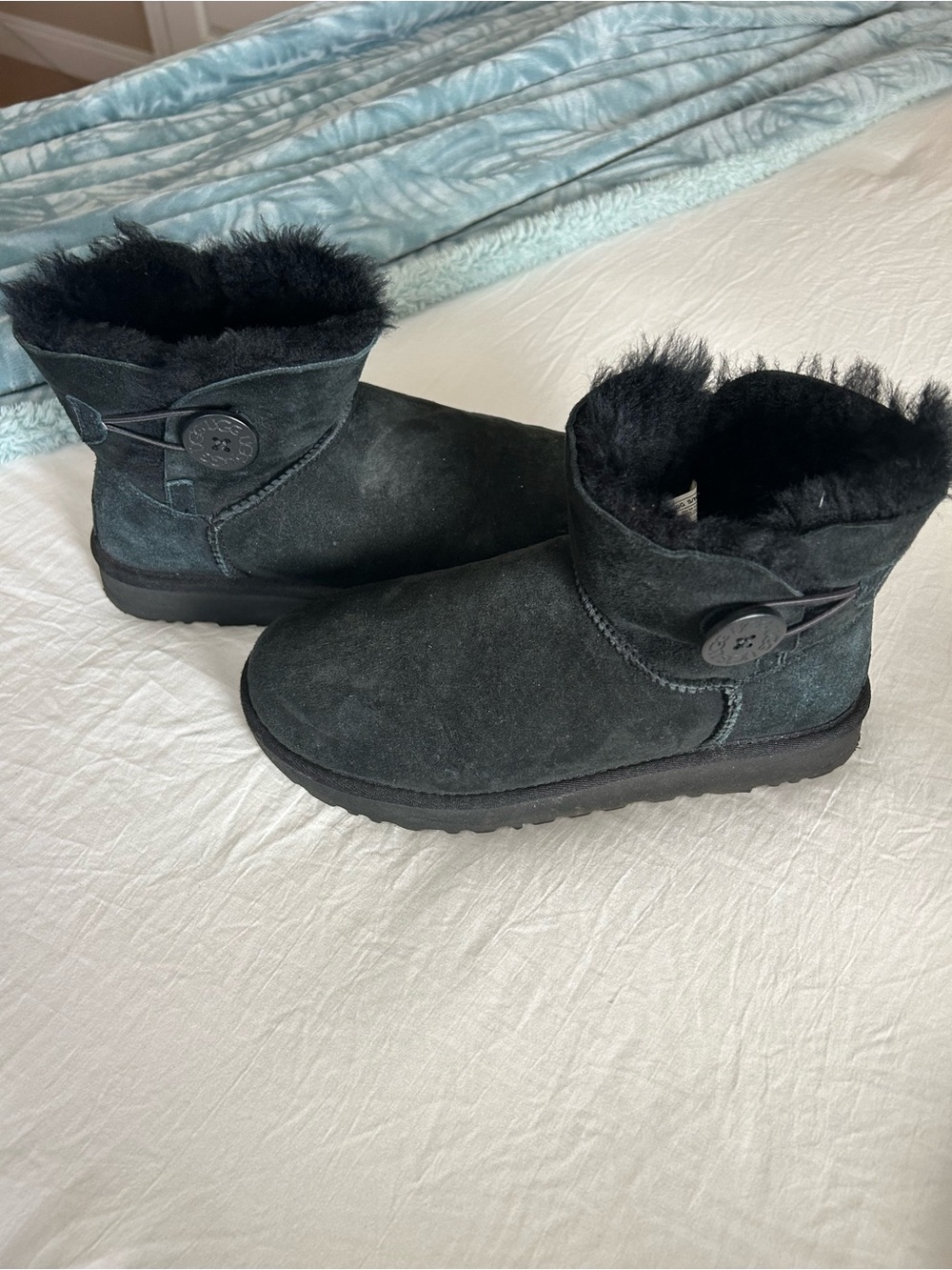 UGG Black Short Suede Shearling Button Boot